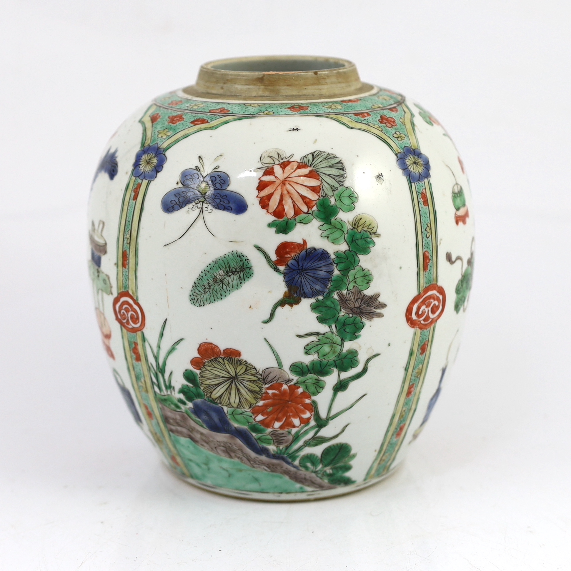 A Chinese famille verte 'Hundred Antiques' ovoid jar, Kangxi period, star crack